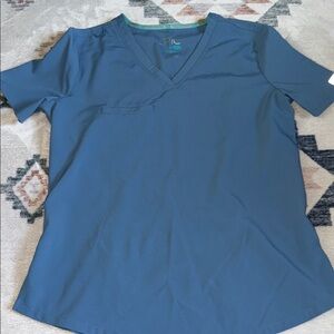 Epic size small white blue scrub top epic